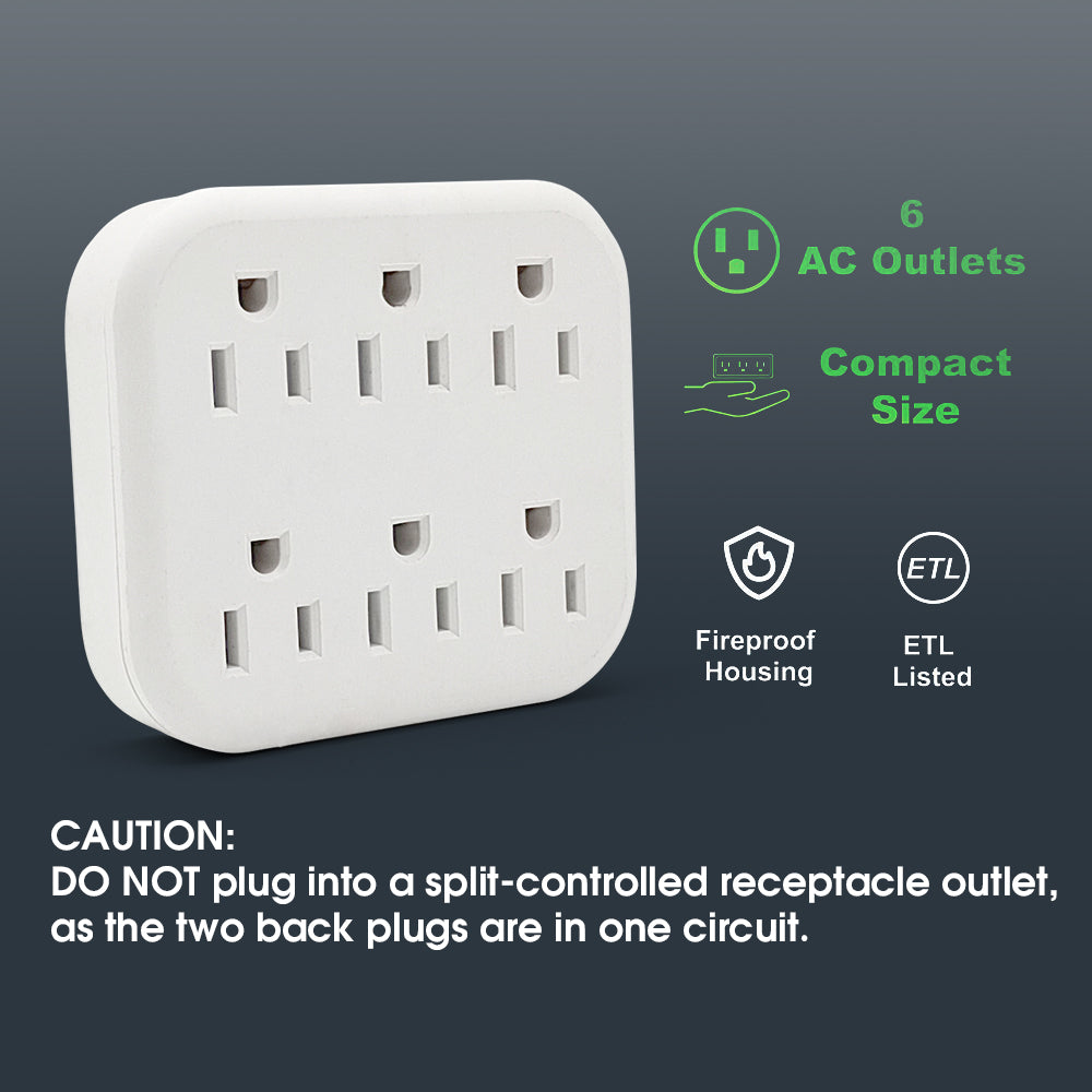 6 Outlet Extender Grounded Wall Adapter, With 3 Prong Power Outlet Splitter Grounded Wall Label 15A/125V/1875W