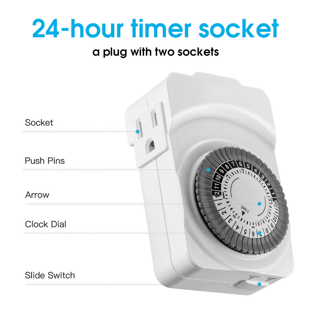 24-Hour Indoor Basic Outlet Timer, 1 Polarized Timed Outlet, 2 Ports, Plug-in Timer, Daily On/Off Cycles, 30-Minute Intervals