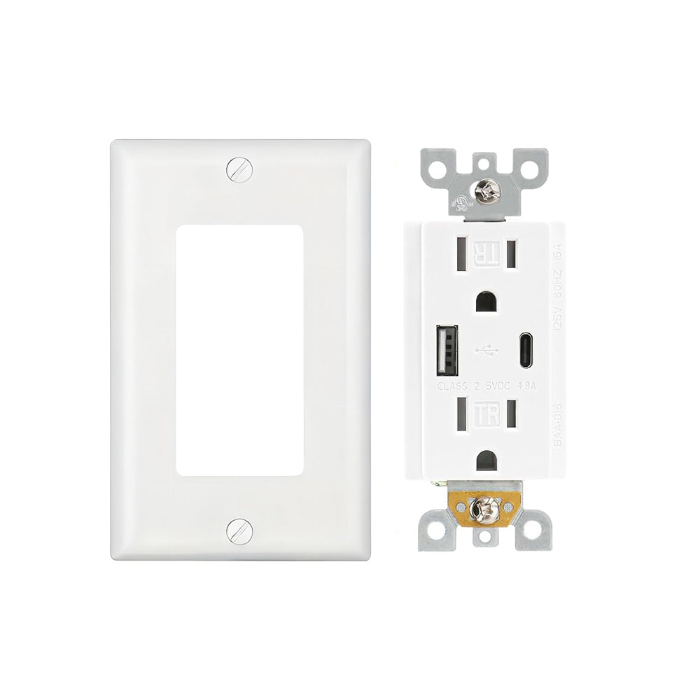 Multi-Functional US Power Outlet with 2 AC sockets,a Type-C port, and a USB charging port, and a PVC pure white panel