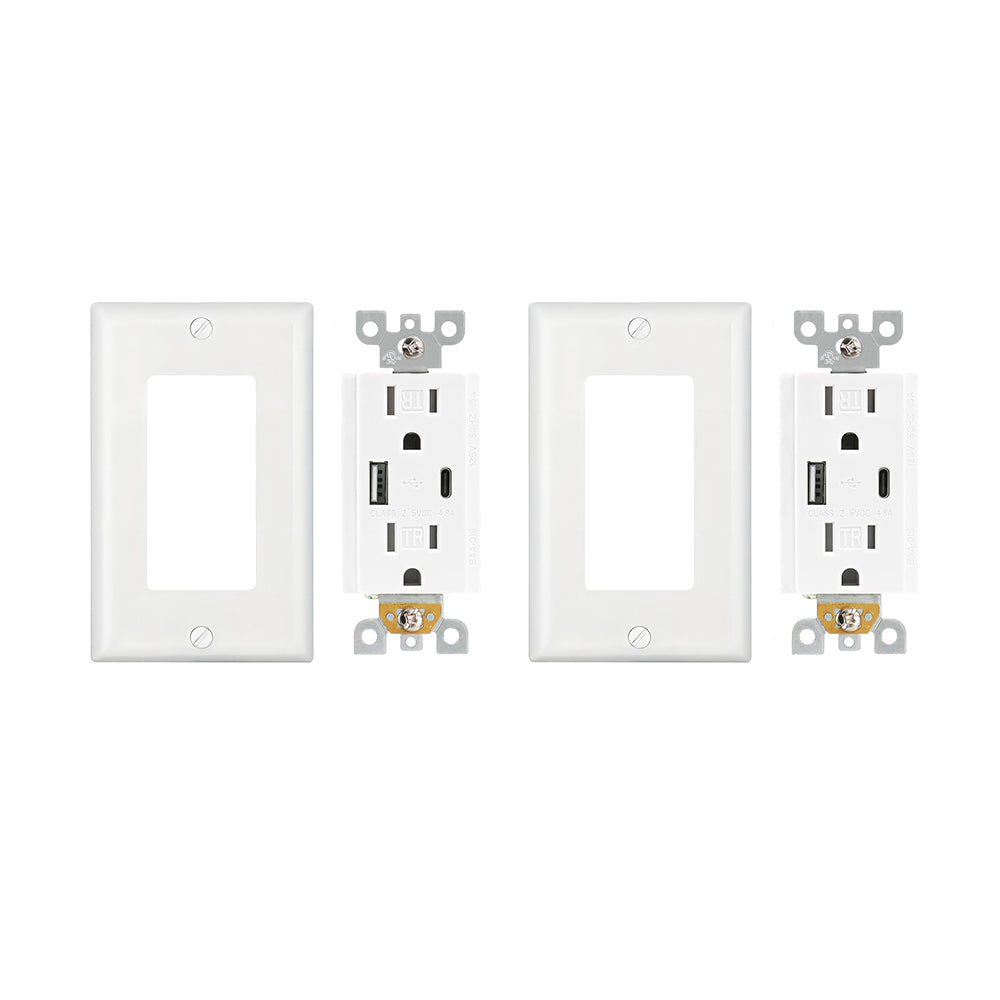 Multi-Functional US Power Outlet with 2 AC sockets,a Type-C port, and a USB charging port, and a PVC pure white panel