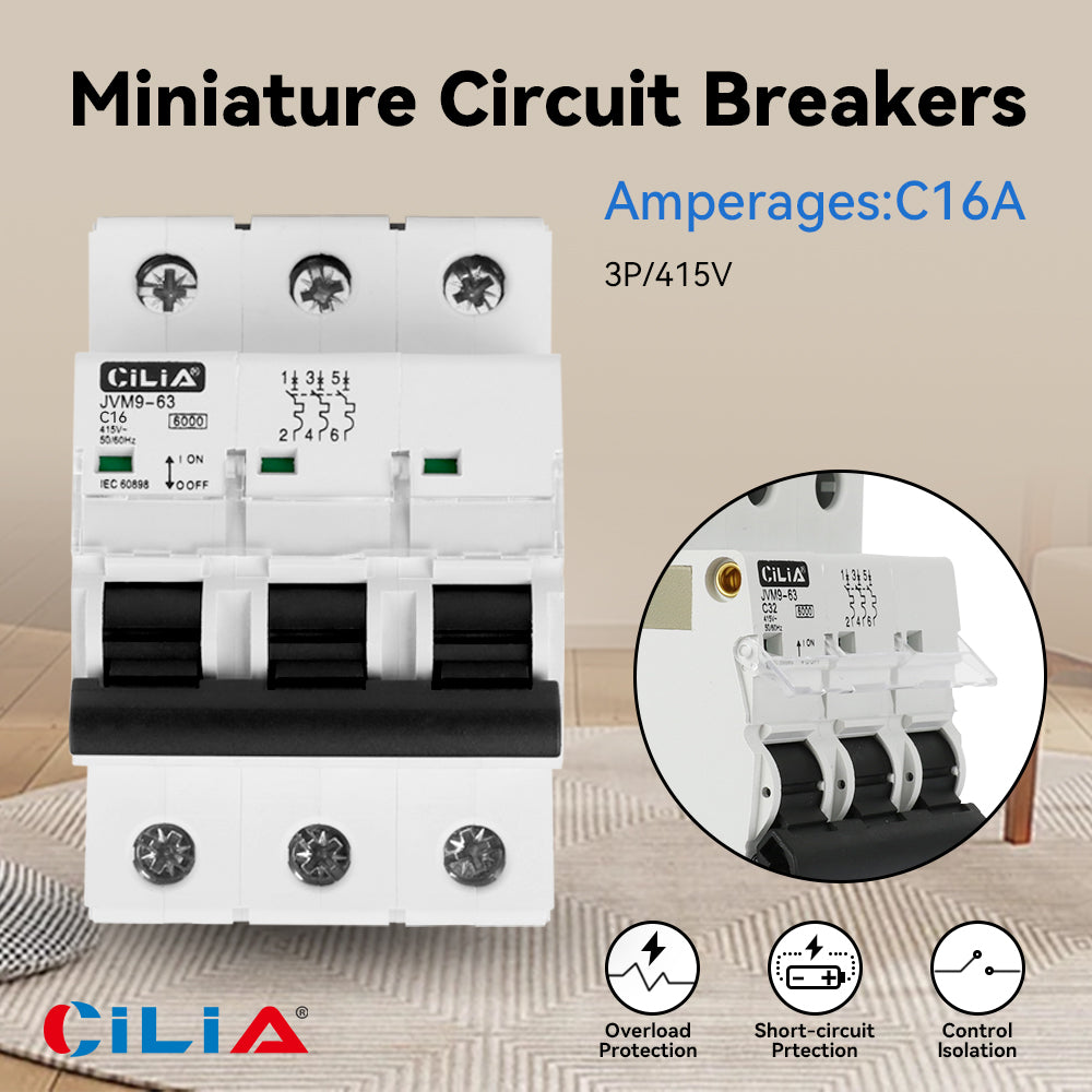 CILIA circuit breaker, 3 modules, DIN connection (universal for any switchboard on the market), 3P poles, 16 amps, breaking capacity 6kA, voltage 400 Vac, C curve