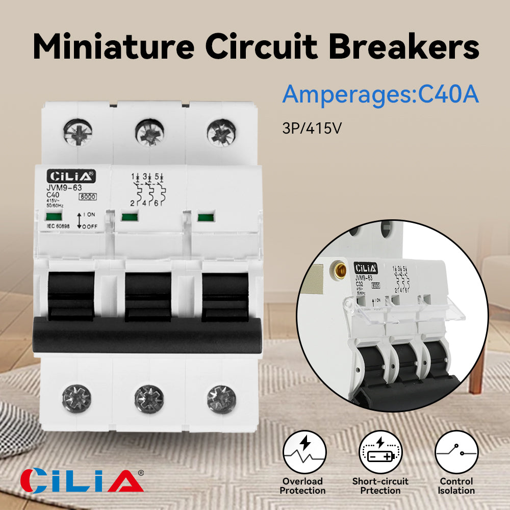 CILIA circuit breaker, 3 modules, DIN connection (universal for any switchboard on the market), 3P poles, 40 amps, breaking capacity 6kA, voltage 400 Vac, C curve