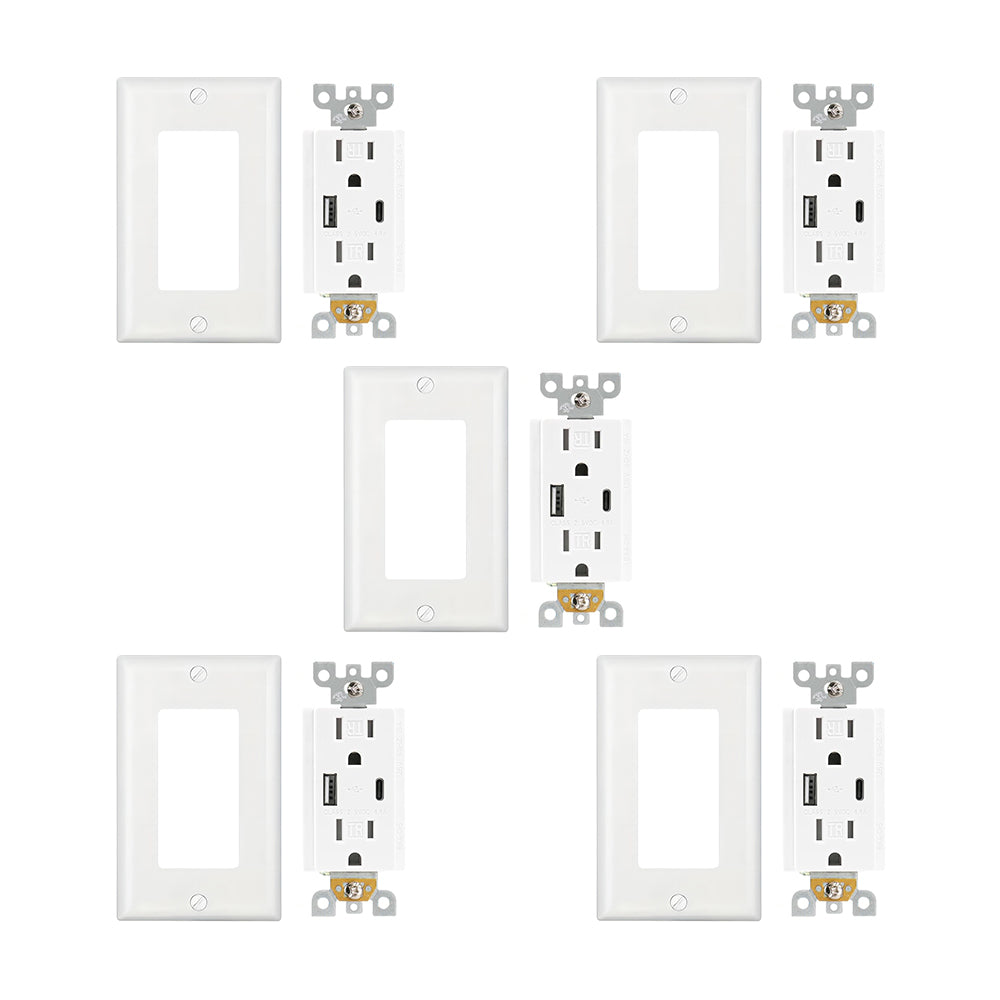 Multi-Functional US Power Outlet with 2 AC sockets,a Type-C port, and a USB charging port, and a PVC pure white panel