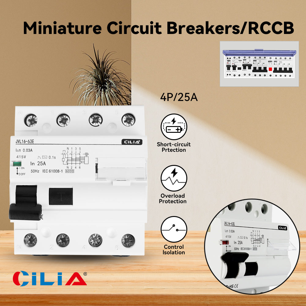 CILIA residual current circuit breaker (circuit breaker), 4 modules, DIN connection (universal for any switchboard on the market), 4P poles, 25A differential current Idn 300mA, voltage 400 Vac, differential AC type