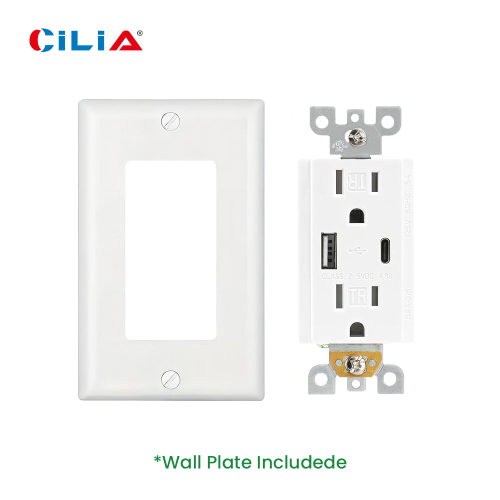 Multi-Functional US Power Outlet with 2 AC sockets,a Type-C port, and a USB charging port, and a PVC pure white panel
