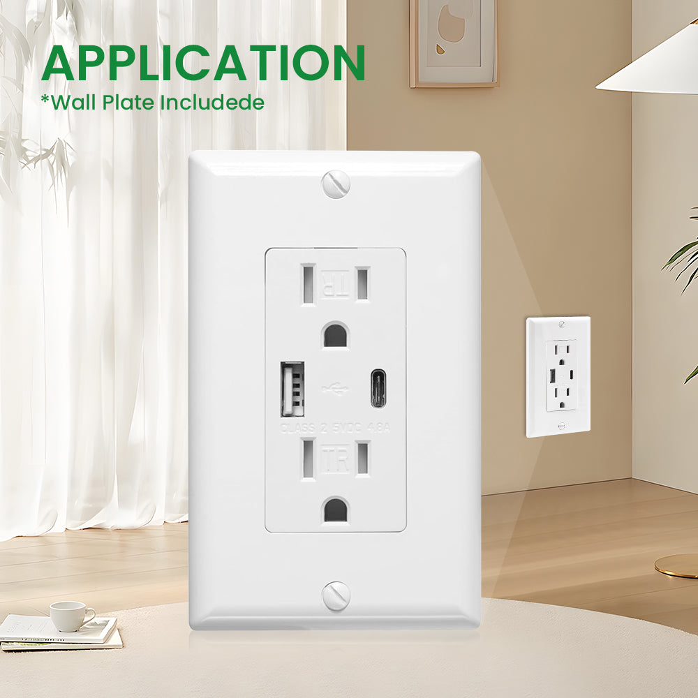 Multi-Functional US Power Outlet with 2 AC sockets,a Type-C port, and a USB charging port, and a PVC pure white panel