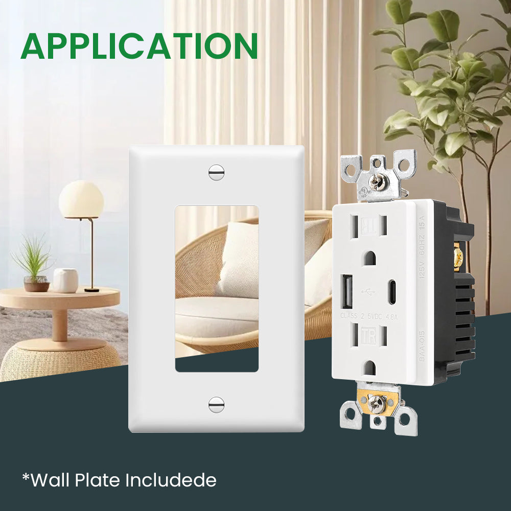 Multi-Functional US Power Outlet with 2 AC sockets,a Type-C port, and a USB charging port, and a PVC pure white panel