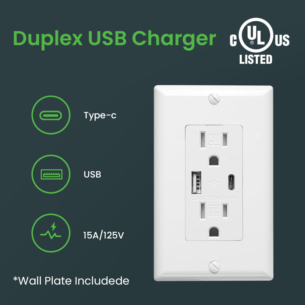 Multi-Functional US Power Outlet with 2 AC sockets,a Type-C port, and a USB charging port, and a PVC pure white panel