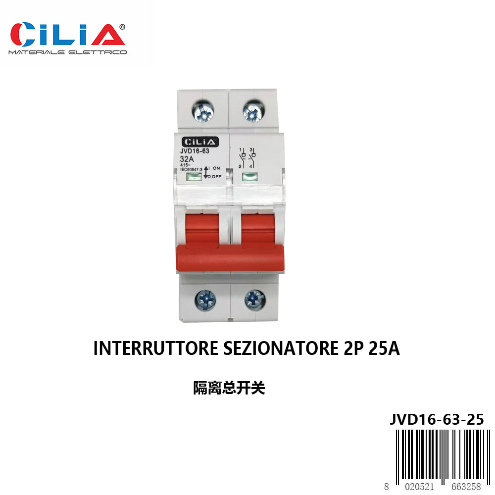 CILIA Switch-disconnector, 2P 400Vac, Occupies 2 DIN Modules, IP20 IEC60947-3 Approved, Modular Isolator Switch, 2P 25A