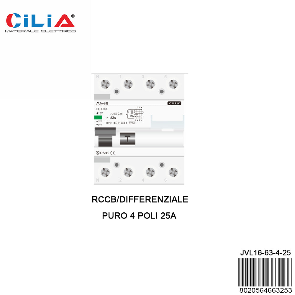 CILIA residual current circuit breaker (circuit breaker), 4 modules, DIN connection (universal for any switchboard on the market), 4P poles, 25A differential current Idn 300mA, voltage 400 Vac, differential AC type