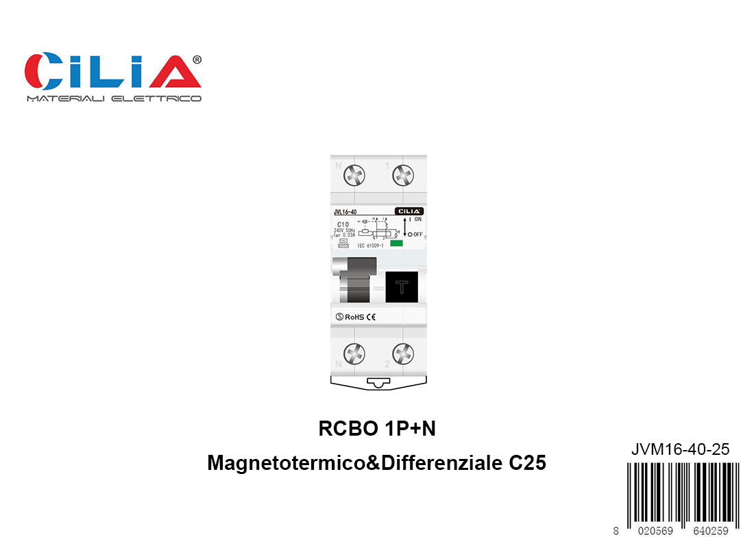 CILIA Residual current circuit breaker with overcurrent protection, RCBO 2 modules, DIN connection (universal for any switchboard on the market), 1P+N,25 Amps 6.0kA, 30 mA, 230 Vac, type AC, curve C