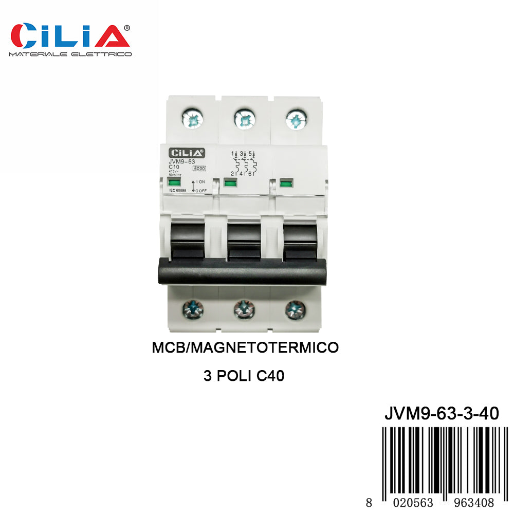 CILIA circuit breaker, 3 modules, DIN connection (universal for any switchboard on the market), 3P poles, 40 amps, breaking capacity 6kA, voltage 400 Vac, C curve