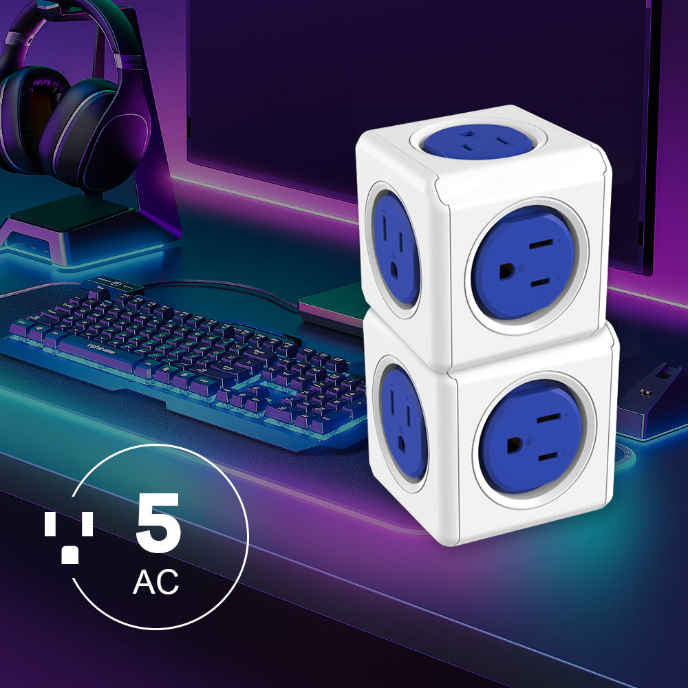 Portable Travel Adapter, Cubic Outlet Adapter with 5 AC Charging Ports and 2 USB Charging Ports, Creative Combination, Colorful