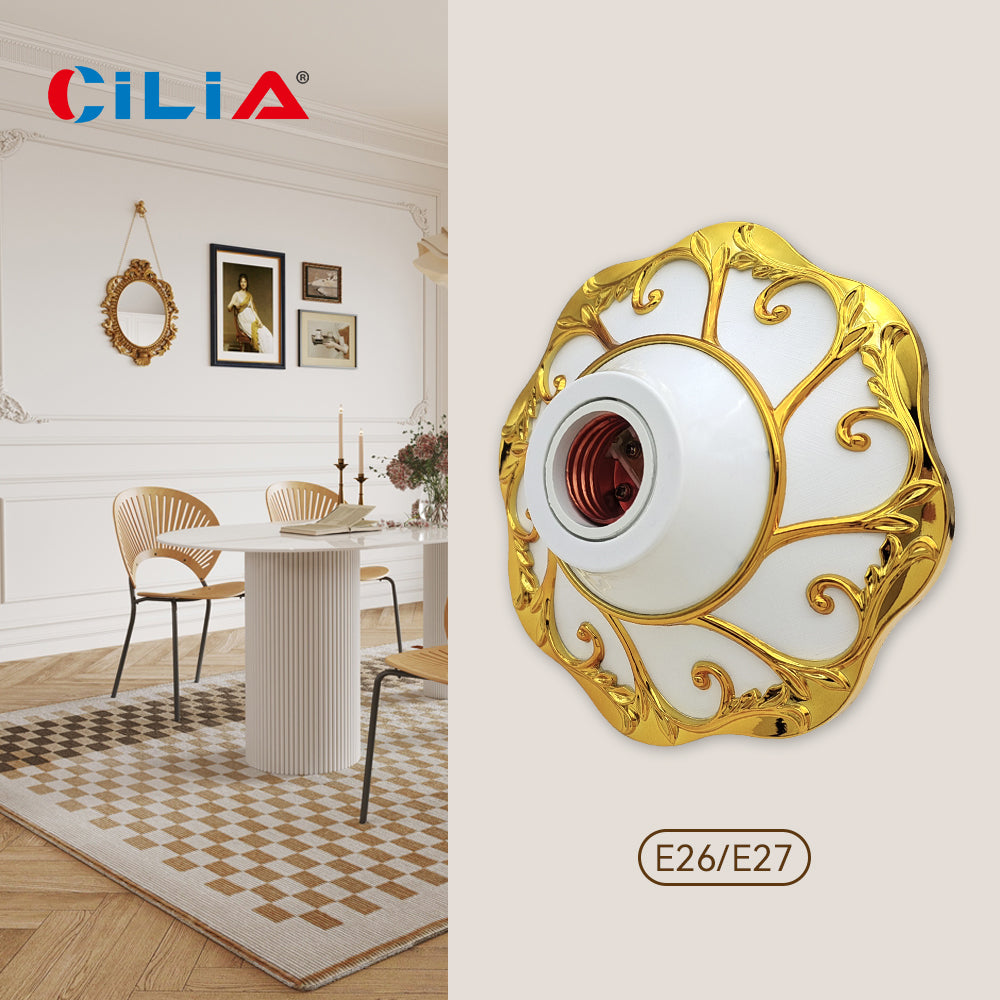 E26/E27 bulb pendant lamp holder suitable for 110V/220V voltage, petal relief circular fixed base bracket, simple white/gold/slivery nut socket, suitable for home, office, and industrial use