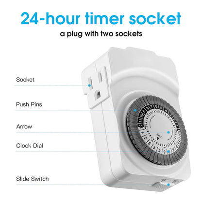 24-Hour Indoor Basic Outlet Timer, 1 Polarized Timed Outlet, 2 Ports, Plug-in Timer, Daily On/Off Cycles, 30-Minute Intervals
