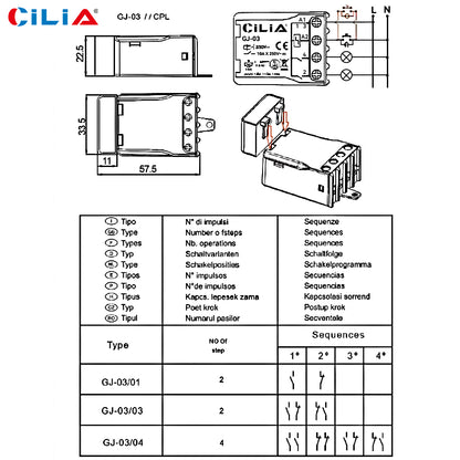 CILIA Impulse relay Switch 4 sequences 2 NO, AC (50/60Hz), Standard, 230 V, Socket terminals.