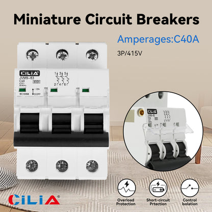 CILIA circuit breaker, 3 modules, DIN connection (universal for any switchboard on the market), 3P poles, 40 amps, breaking capacity 6kA, voltage 400 Vac, C curve