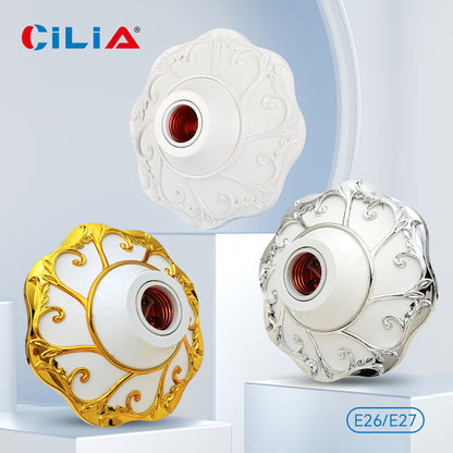 E26/E27 bulb pendant lamp holder suitable for 110V/220V voltage, petal relief circular fixed base bracket, simple white/gold/slivery nut socket, suitable for home, office, and industrial use