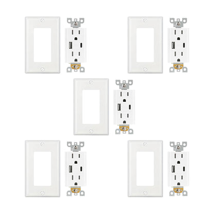 Multi-Functional US Power Outlet with 2 AC sockets,a Type-C port, and a USB charging port, and a PVC pure white panel