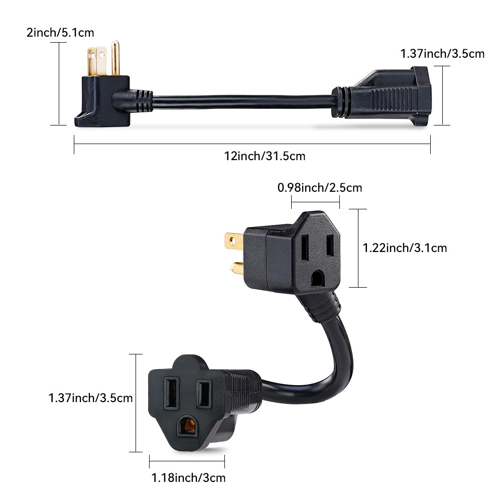 12-inch (approximately 31.5cm) heavy-duty extension cord with 2 AC charging ports and a compact extension cord surge protector