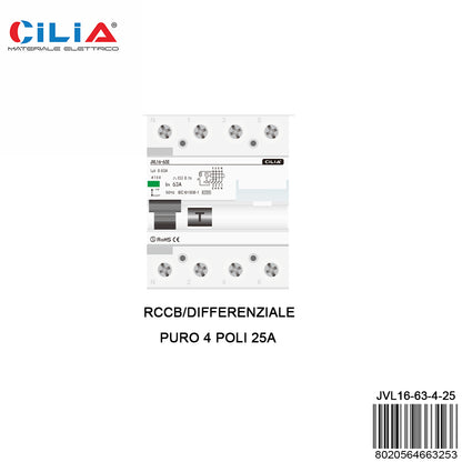 CILIA  residual current circuit breaker (circuit breaker), 4 modules, DIN connection (universal for any switchboard on the market), 4P poles, 25A differential current Idn 300mA, voltage 400 Vac, differential AC type