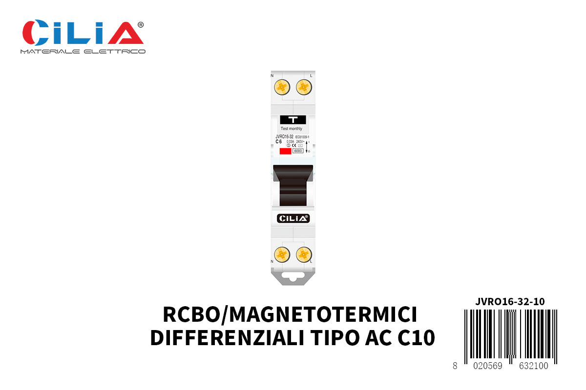 CILIA  differential circuit breaker ,  1 module, DIN connection (universal for any commercial switchboard), 1P+N,  10Amps 6.0kA,  30 mA,  230 Vac, type AC, intervention curve C