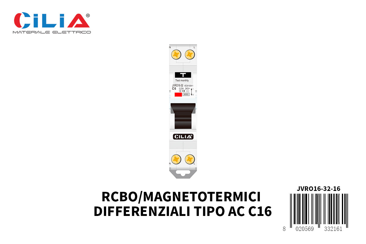 CILIA  differential circuit breaker ,  1 module, DIN connection (universal for any commercial switchboard), 1P+N,  16Amps 6.0kA,  30 mA,  230 Vac, type AC, intervention curve C