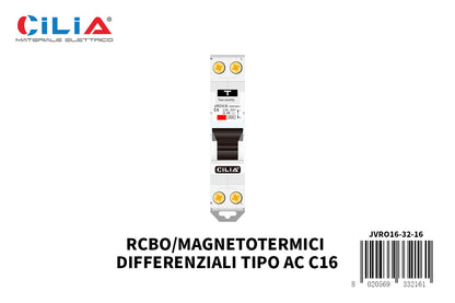 CILIA  differential circuit breaker ,  1 module, DIN connection (universal for any commercial switchboard), 1P+N,  16Amps 6.0kA,  30 mA,  230 Vac, type AC, intervention curve C
