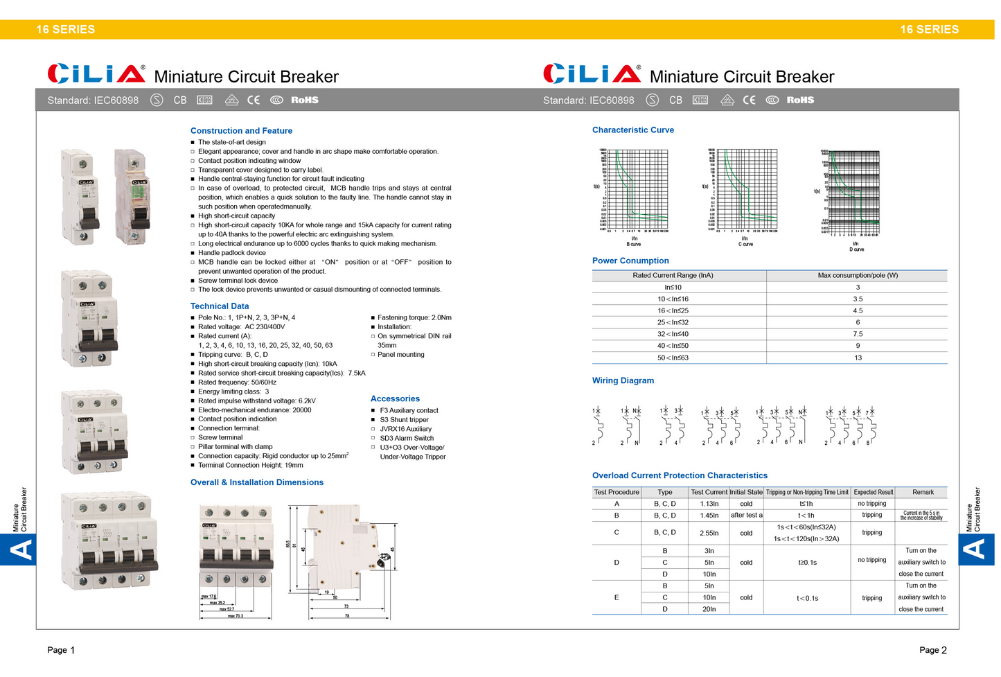 CILIA circuit breaker, 4 modules, DIN connection (universal for any switchboard on the market), 4P poles, 40 Amps, breaking capacity 6kA, voltage 400 Vac, C curve