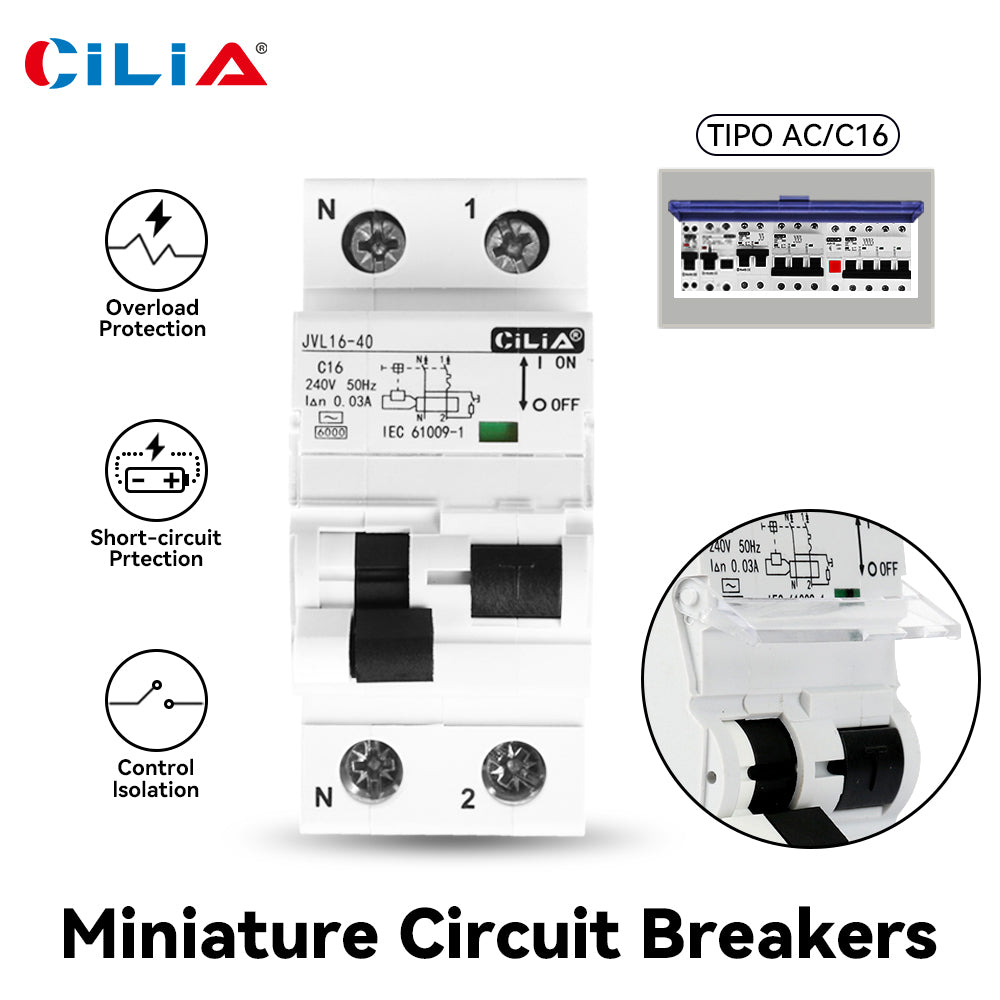 CILIA Residual current circuit breaker with overcurrent protection, RCBO 2 modules, DIN connection (universal for any switchboard on the market), 1P+N,32 Amps  6.0kA,  30 mA, 230 Vac, type AC, curve C