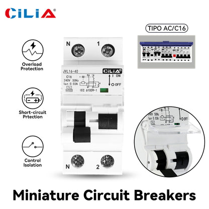 CILIA Residual current circuit breaker with overcurrent protection, RCBO 2 modules, DIN connection (universal for any switchboard on the market), 1P+N,32 Amps  6.0kA,  30 mA, 230 Vac, type AC, curve C